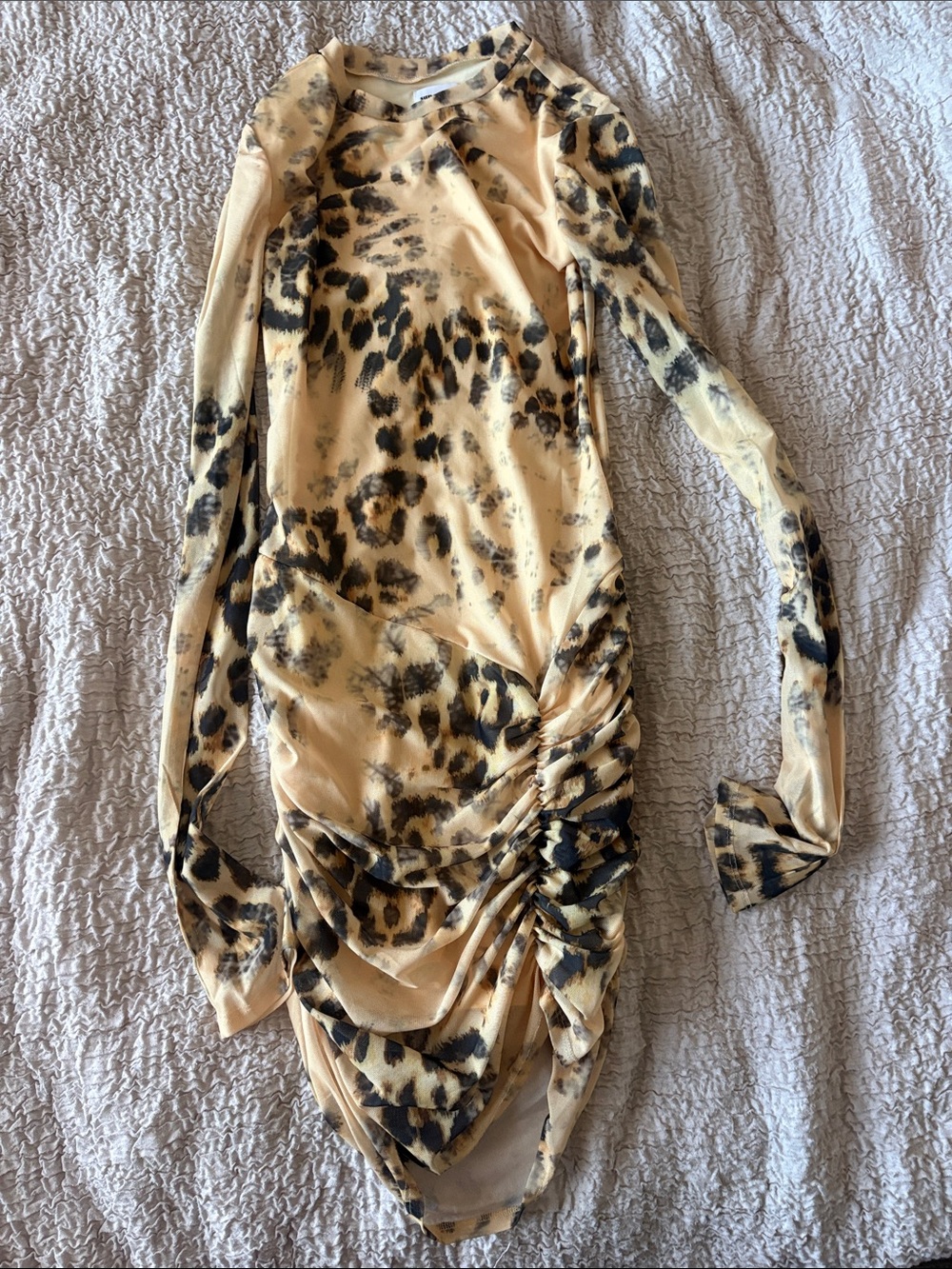superdown Leopard-Print Ruched Long-Sleeve Dress - Tan/Black